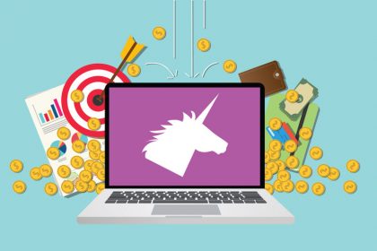 unicorn company startup with laptop and money vector